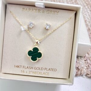 Gold and Green Clover Necklace Set